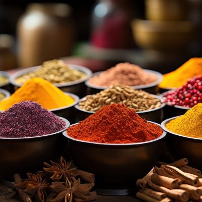 Market display of different spices and grains.
